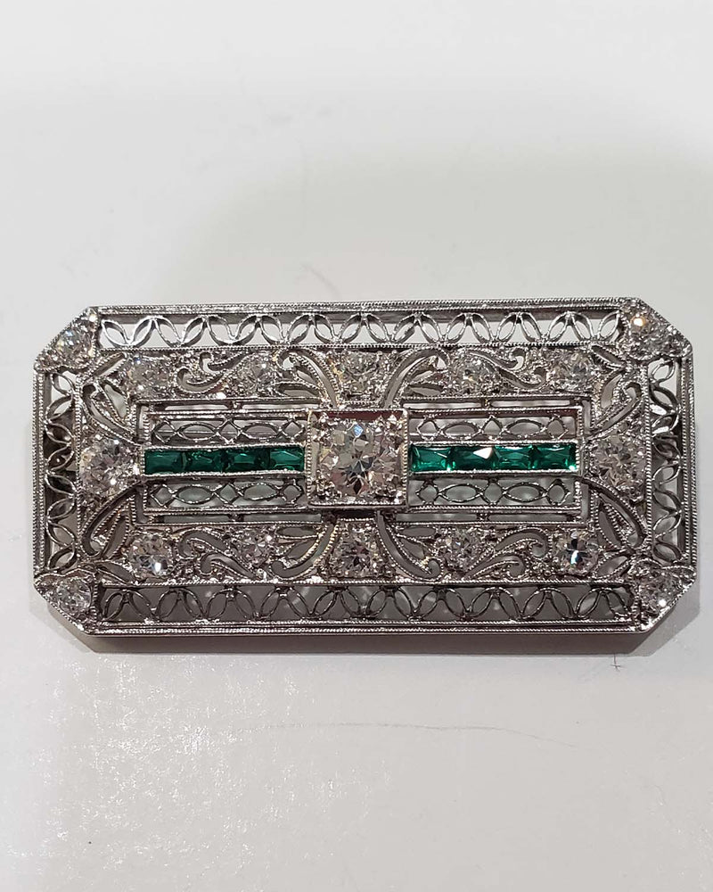 White Gold, Diamond and Emerald Art Deco Pin/Pendant