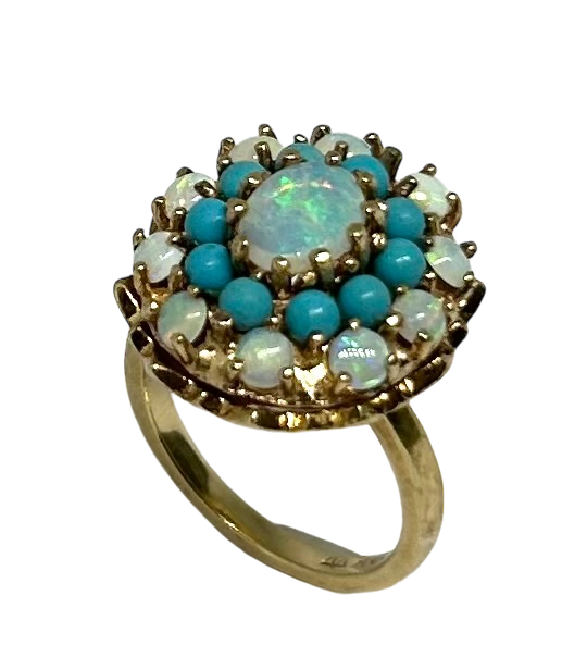 10K Yellow Gold, Opal and Turquoise Ring