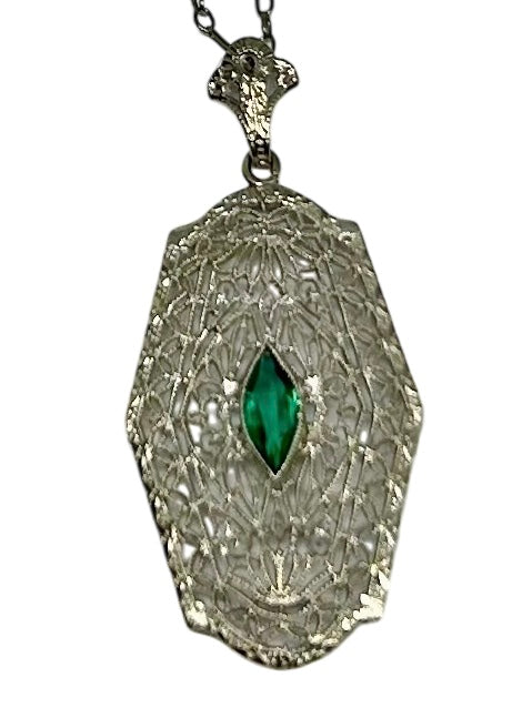 Art Deco Filigree Pendant with Emerald, 18"