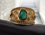 14K Yellow "Cigar Band" ring with Emerald, Sapphires and Diamonds