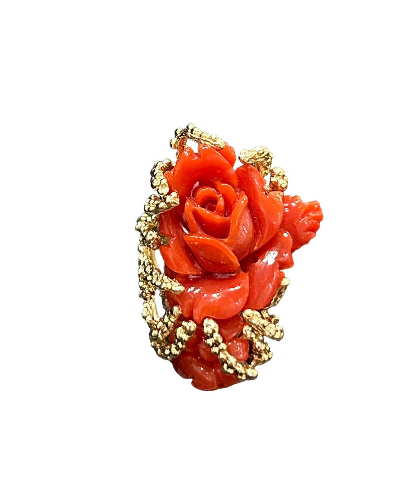 14K Yellow Gold and Coral Carved Rose Ring