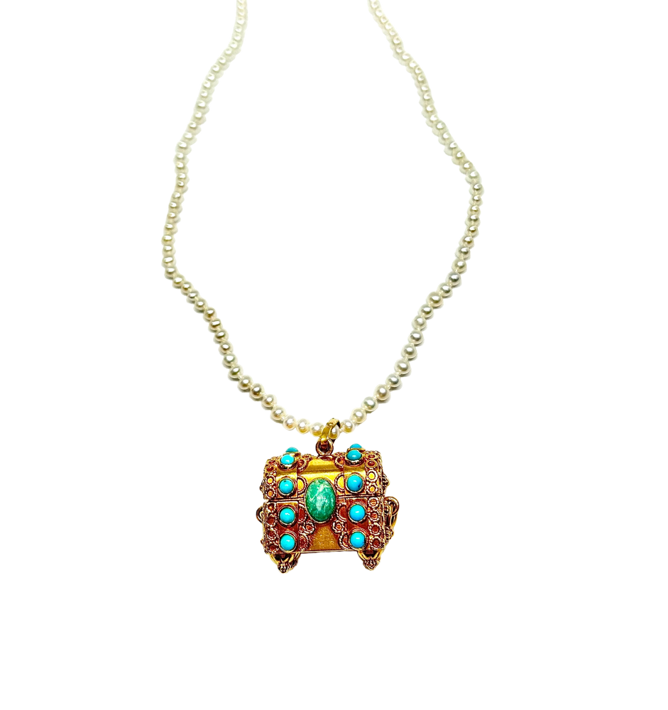 18ky Gold & Turquoise Treasure Chest Necklace with Freshwater Pearls