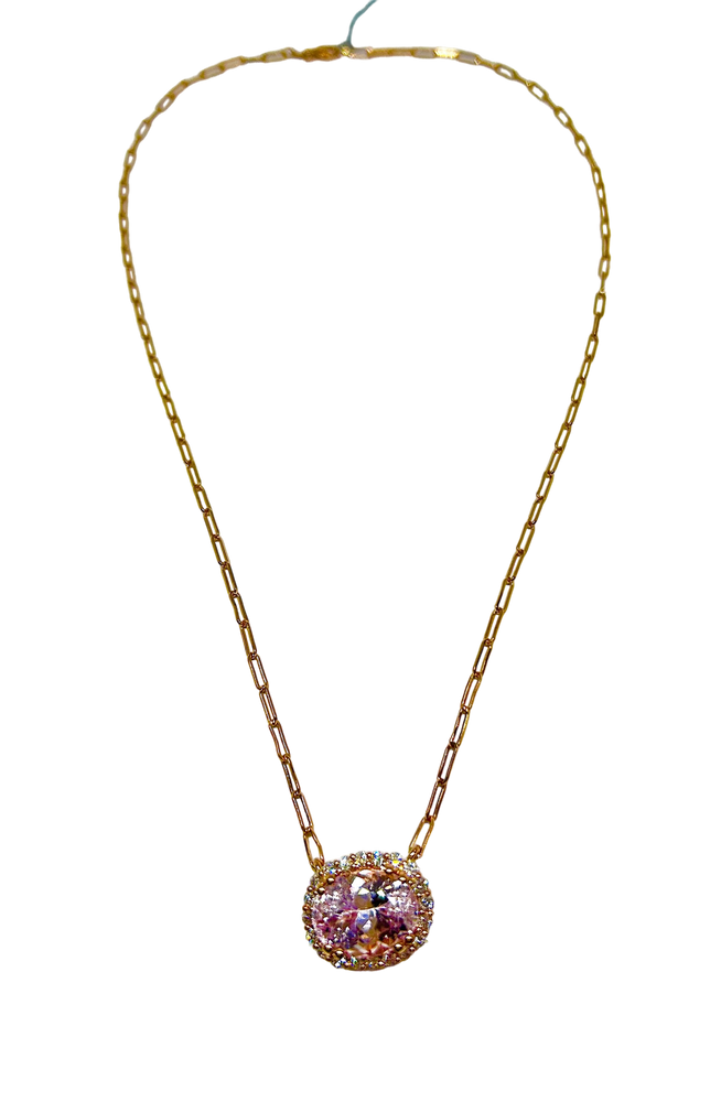 18k Rose Gold and Kunzite Necklace with Diamond Halo