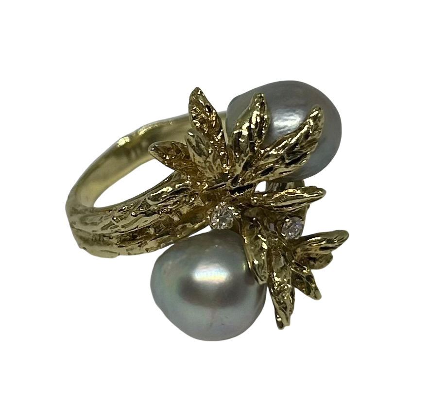 Baroque Tahitian Pearl and Diamond Ring, 14k Yellow Gold