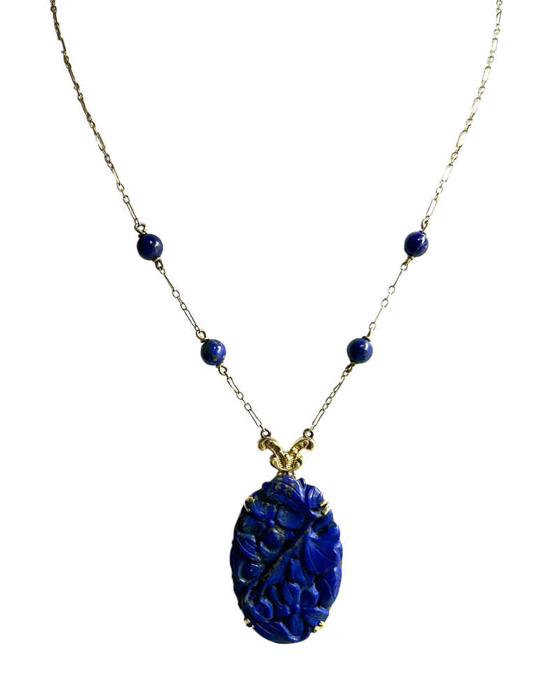 14K Gold and Carved Lapis Necklace