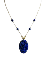 14K Gold and Carved Lapis Necklace